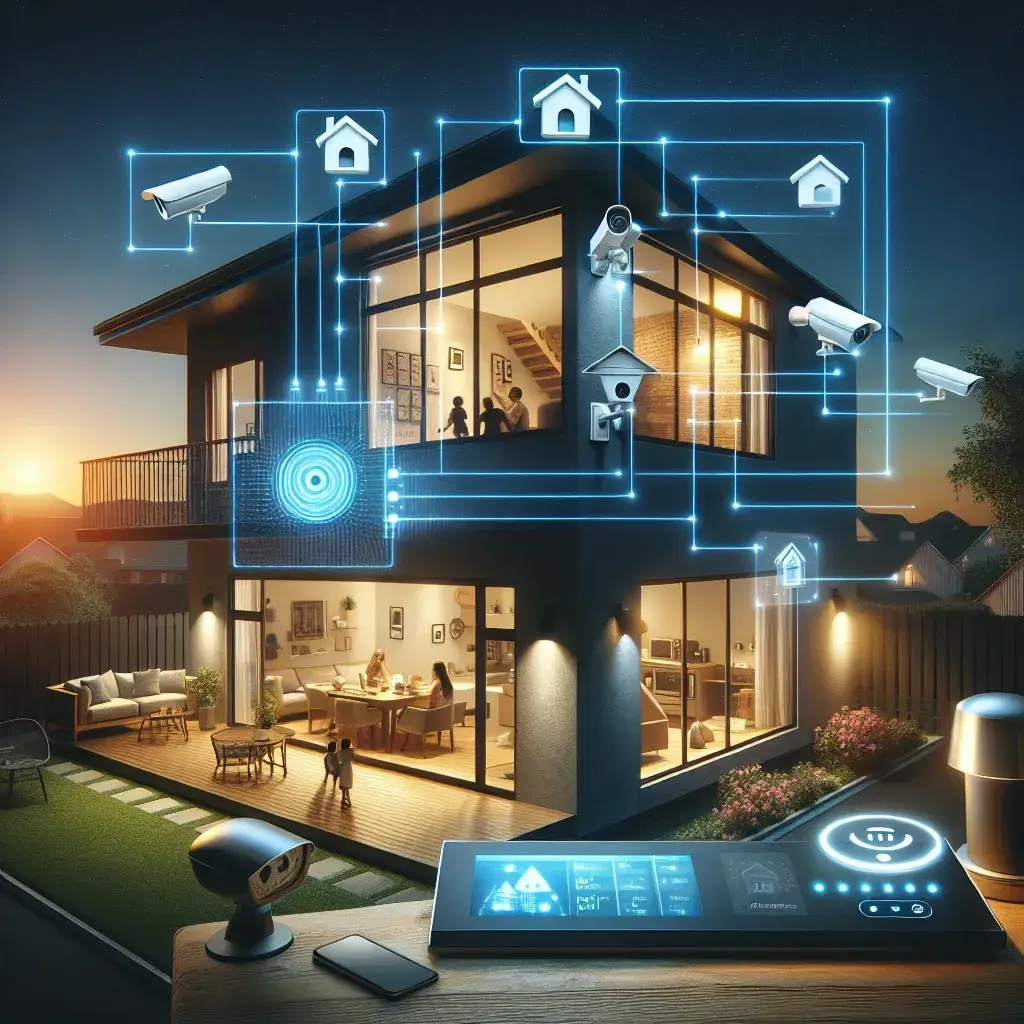 "Imagen de un moderno sistema de seguridad doméstica con inteligencia artificial, mostrando cámaras y sensores en un hogar, destacando las opciones más fiables para la protección del hogar en el artículo 'Sistemas de seguridad doméstica con IA: Análisis de las opciones más fiables'."