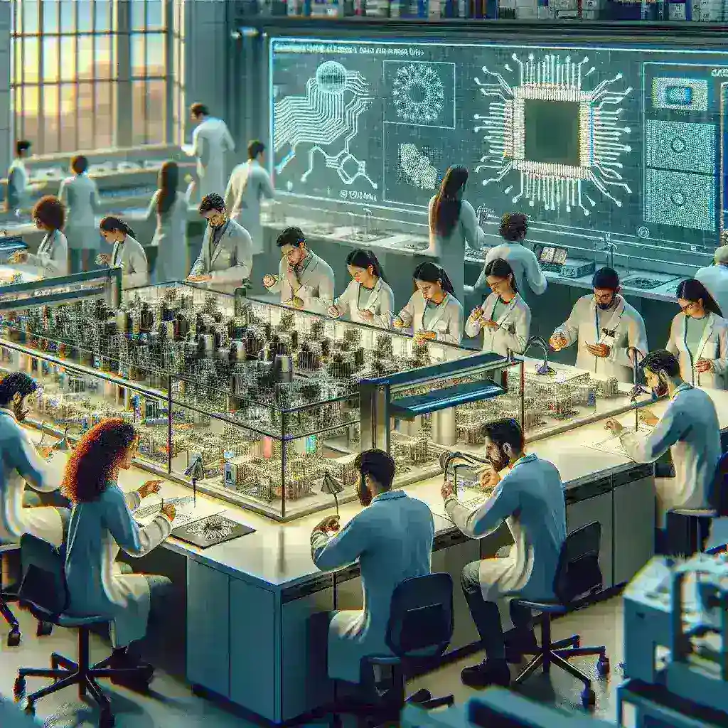 Alt text: "Investigadores españoles en un laboratorio nacional desarrollando chips basados en inteligencia artificial, destacando la innovación en tecnología y ciencia en España."