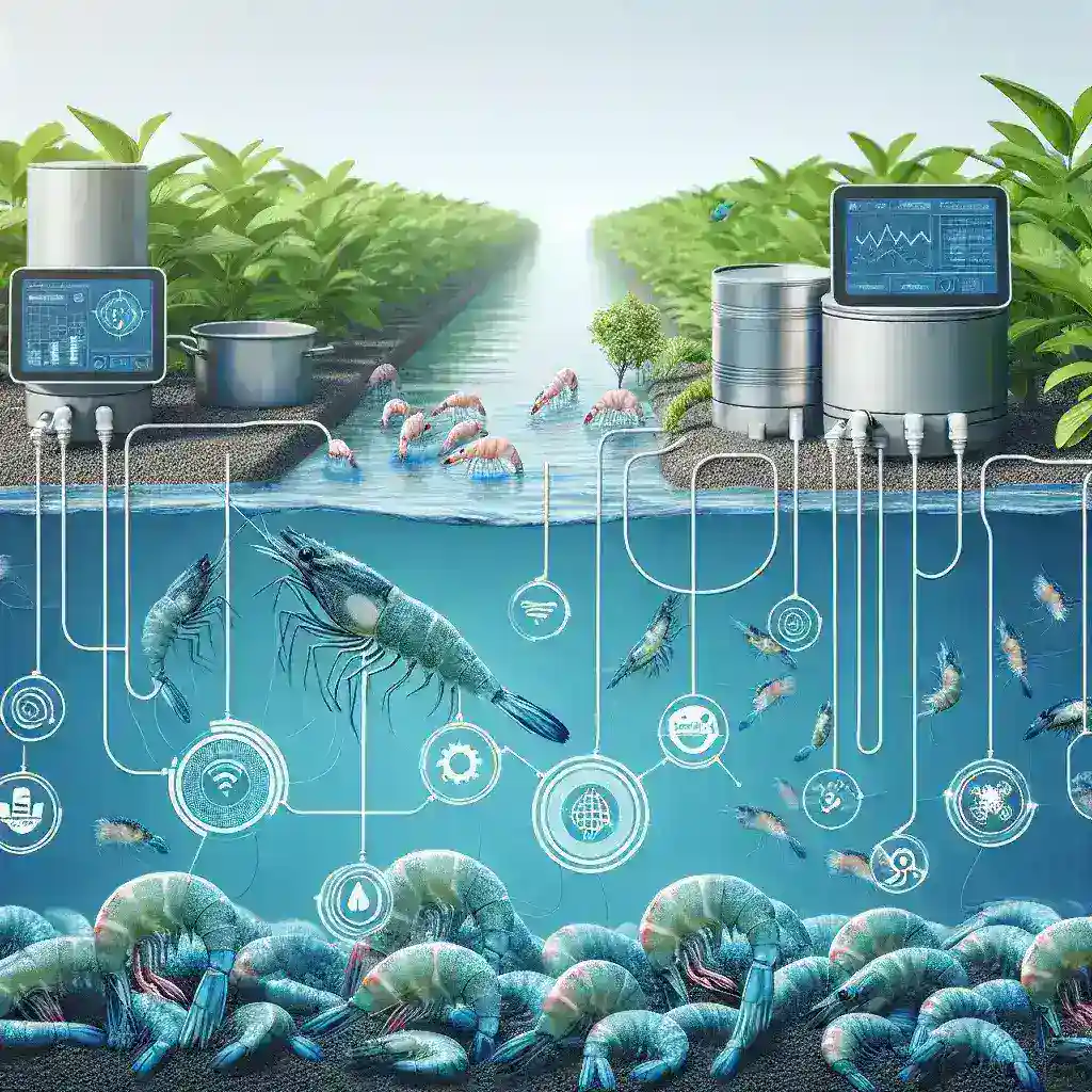 "Diagram sistem peringatan dini pencemaran air di tambak udang, menampilkan sensor kualitas air dan notifikasi untuk petani udang, membantu meningkatkan hasil panen dan menjaga kesehatan lingkungan."