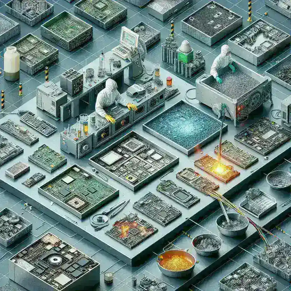 "Proceso de extracción de materiales raros de dispositivos electrónicos, mostrando tecnologías innovadoras para la recuperación de metales preciosos y recursos reciclables."
